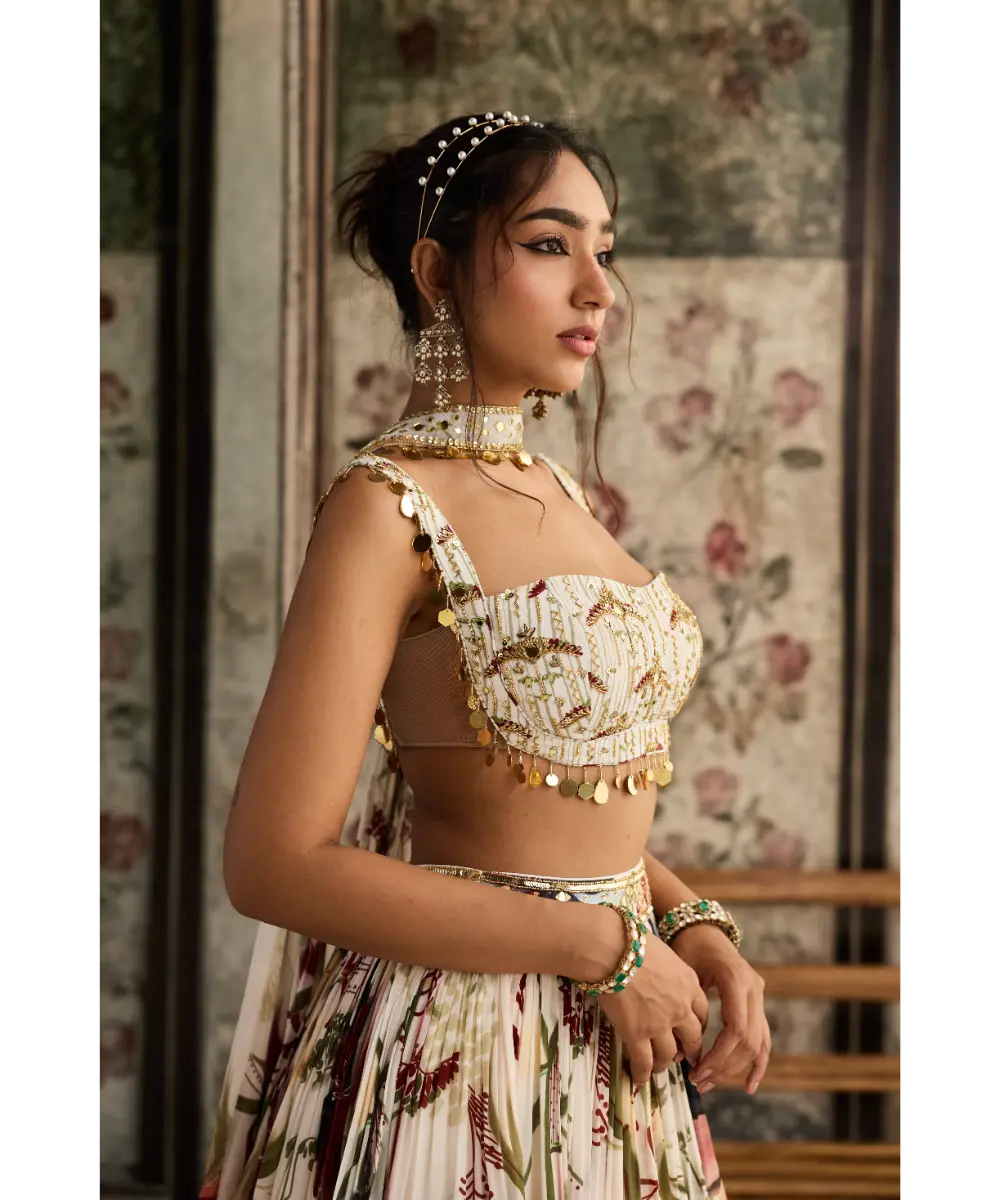 DIYARAJVVIR - IVORY FLORAL PRINT AND HIGHLIGHTED LEHENGA SET